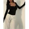 image:imageMakeMeChic Womens Lace Top Square Neck T Shirt Bow Button Front Long Sleeve Slim Fit TopsBlack