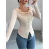 image:imageMakeMeChic Womens Long Sleeve Fall Cute Tops 3D Floral Pearl Scoop Neck Elegant Boho TopsApricot