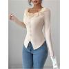 image:imageMakeMeChic Womens Long Sleeve Fall Cute Tops 3D Floral Pearl Scoop Neck Elegant Boho TopsApricot
