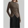 image:imageMakeMeChic Womens Long Sleeve Shirts Crew Neck Button Detail Asymmetrical Hem Blouse Y2k Goth TopsBrown