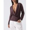 image:imageMakeMeChic Womens Low Cut T Shirt Draped Front Ruched Long Sleeve Old Money TopsCoffee Brown