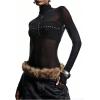 image:imageMakeMeChic Womens Mesh Sheer T Shirt High Neck Cross Long Sleeve Fitted Party Night Out TopsBlack