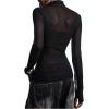 image:imageMakeMeChic Womens Mesh Sheer T Shirt High Neck Cross Long Sleeve Fitted Party Night Out TopsBlack