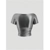 image:imageMakeMeChic Womens Metallic Crop Tops Boat Neck Ruched Short Sleeve Party T Shirt ClubwearSilver