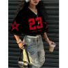 image:imageMakeMeChic Womens Number Print V Neck Jersey Shirt Half Sleeve Y2K Tee Crop TopsRed and Black