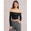 image:imageMakeMeChic Womens Off The Shoulder Crop Tops Ruched Long Sleeve Fitted Going Out T ShirtBlack