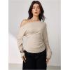 image:imageMakeMeChic Womens Off The Shoulder Sweatshirt Asymmetrical Tops Y2k Long Sleeve T Shirt Going Out TopsApricot