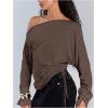 image:imageMakeMeChic Womens Off The Shoulder Sweatshirt Asymmetrical Tops Y2k Long Sleeve T Shirt Going Out TopsBrown