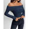 image:imageMakeMeChic Womens Off The Shoulder T Shirt Long Sleeve Knit Fitted Crop TopsBlue