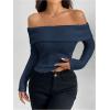 image:imageMakeMeChic Womens Off The Shoulder T Shirt Long Sleeve Knit Fitted Crop TopsBlue