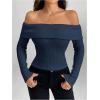image:imageMakeMeChic Womens Off The Shoulder T Shirt Long Sleeve Knit Fitted Crop TopsBlue