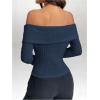image:imageMakeMeChic Womens Off The Shoulder T Shirt Long Sleeve Knit Fitted Crop TopsBlue