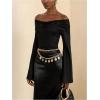 image:imageMakeMeChic Womens Off The Shoulder Tops Elegant Lace Patchwork Cape Bell Sleeve T ShirtBlack
