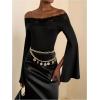 image:imageMakeMeChic Womens Off The Shoulder Tops Elegant Lace Patchwork Cape Bell Sleeve T ShirtBlack
