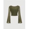 image:imageMakeMeChic Womens Spring Mesh Bell Sleeve Top Y2K Sheer Tie Front Crop Tops Tee ShirtArmy Green