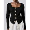 image:imageMakeMeChic Womens Square Neck T Shirt Gold Button Long Sleeve Tee Tops Old Money ClothesBlack
