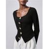 image:imageMakeMeChic Womens Square Neck T Shirt Gold Button Long Sleeve Tee Tops Old Money ClothesBlack