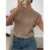 image:imageMakeMeChic Womens Striped Crochet Cap Sleeve Tops Casual Short Sleeve Crewneck Knit Shirts Summer Going Out TopsBrown