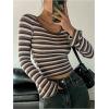 image:imageMakeMeChic Womens Striped Long Sleeve Shirts Scoop Neck Tops Slim Fit Rib Knit Fall Basic TeeBrown