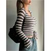 image:imageMakeMeChic Womens Striped Long Sleeve Shirts Scoop Neck Tops Slim Fit Rib Knit Fall Basic TeeBrown