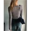 image:imageMakeMeChic Womens Striped Long Sleeve Shirts Scoop Neck Tops Slim Fit Rib Knit Fall Basic TeeBrown