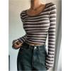 image:imageMakeMeChic Womens Striped Long Sleeve Shirts Scoop Neck Tops Slim Fit Rib Knit Fall Basic TeeBrown