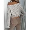 image:imageMakeMeChic Womens Striped Off The Shoulder Crop Tops Long Sleeve Asymmetrical Neck Y2K Tee ShirtApricot