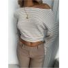 image:imageMakeMeChic Womens Striped Off The Shoulder Crop Tops Long Sleeve Asymmetrical Neck Y2K Tee ShirtApricot