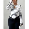 image:imageMakeMeChic Womens Striped Shirt Crew Neck Cut Out Tops Long Sleeve Fitted Fashion T ShirtsMulticolor