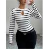 image:imageMakeMeChic Womens Striped Shirt Crew Neck Cut Out Tops Long Sleeve Fitted Fashion T ShirtsMulticolor