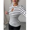 image:imageMakeMeChic Womens Striped Shirt Crew Neck Cut Out Tops Long Sleeve Fitted Fashion T ShirtsMulticolor
