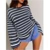 image:imageMakeMeChic Womens Striped Shirt Long Bell Sleeve Crew Neck Basic Going Out TopsBlue