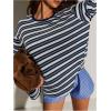 image:imageMakeMeChic Womens Striped Shirt Long Bell Sleeve Crew Neck Basic Going Out TopsBlue