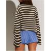image:imageMakeMeChic Womens Striped Shirt Long Bell Sleeve Crew Neck Basic Going Out TopsCoffee Brown