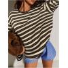 image:imageMakeMeChic Womens Striped Shirt Long Bell Sleeve Crew Neck Basic Going Out TopsCoffee Brown
