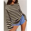 image:imageMakeMeChic Womens Striped Shirt Long Bell Sleeve Crew Neck Basic Going Out TopsCoffee Brown