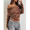image:imageMakeMeChic Womens Striped Sweater Off The Shoulder Long Sleeve Tops Y2k Fuzzy Going Out TopsBrown