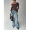 image:imageMakeMeChic Womens Striped Sweater Off The Shoulder Long Sleeve Tops Y2k Fuzzy Going Out TopsRust Brown