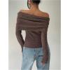 image:imageMakeMeChic Womens Striped Sweater Off The Shoulder Long Sleeve Tops Y2k Fuzzy Going Out TopsRust Brown