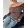 image:imageMakeMeChic Womens Striped Sweater Off The Shoulder Long Sleeve Tops Y2k Fuzzy Going Out TopsRust Brown