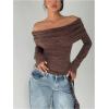 image:imageMakeMeChic Womens Striped Sweater Off The Shoulder Long Sleeve Tops Y2k Fuzzy Going Out TopsRust Brown