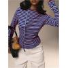 image:imageMakeMeChic Womens Striped Sweatshirt Crew Neck Long Sleeve Knit T Shirt Tops with ScarfBlue