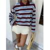 image:imageMakeMeChic Womens Striped T Shirts Button Up Collar Long Sleeve Preppy Rugby Shirt TopsCoffee Brown