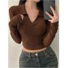 image:imageMakeMeChic Womens V Neck T Shirts Collared Long Sleeve Rib Knit Fitted Y2k Crop TopsRust Brown