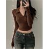 image:imageMakeMeChic Womens V Neck T Shirts Collared Long Sleeve Rib Knit Fitted Y2k Crop TopsRust Brown
