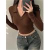 image:imageMakeMeChic Womens V Neck T Shirts Collared Long Sleeve Rib Knit Fitted Y2k Crop TopsRust Brown