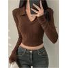 image:imageMakeMeChic Womens V Neck T Shirts Collared Long Sleeve Rib Knit Fitted Y2k Crop TopsRust Brown