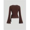 image:imageMakeMeChic Womens Wrap Blouse Pilates Workout Top Lace Trim Bell Sleeve V Neck ShirtBrown