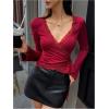 image:imageMakeMeChic Womens Wrap Blouse Pilates Workout Top Lace Trim Bell Sleeve V Neck ShirtBurgundy