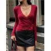 image:imageMakeMeChic Womens Wrap Blouse Pilates Workout Top Lace Trim Bell Sleeve V Neck ShirtBurgundy